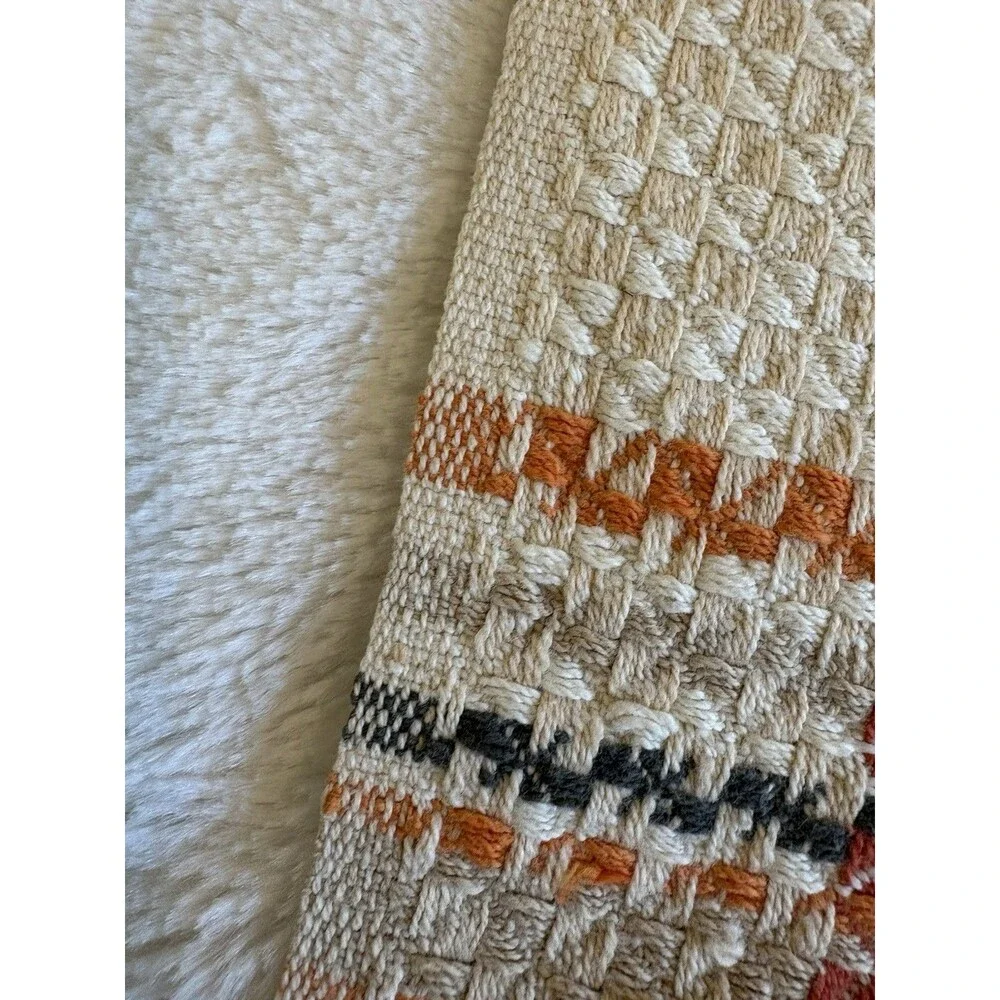 Vintage Woven Remnants Fabric Orange Yellow Green Brown Plaid MCM 2 Pieces